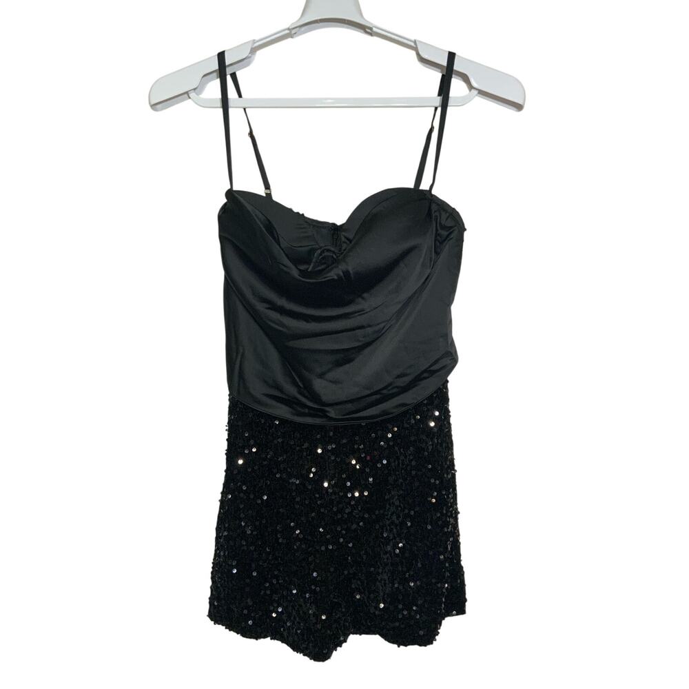 Fashion Nova Black Sequins Cocktail Mini Dress Strapless Ruched Women's Size L
